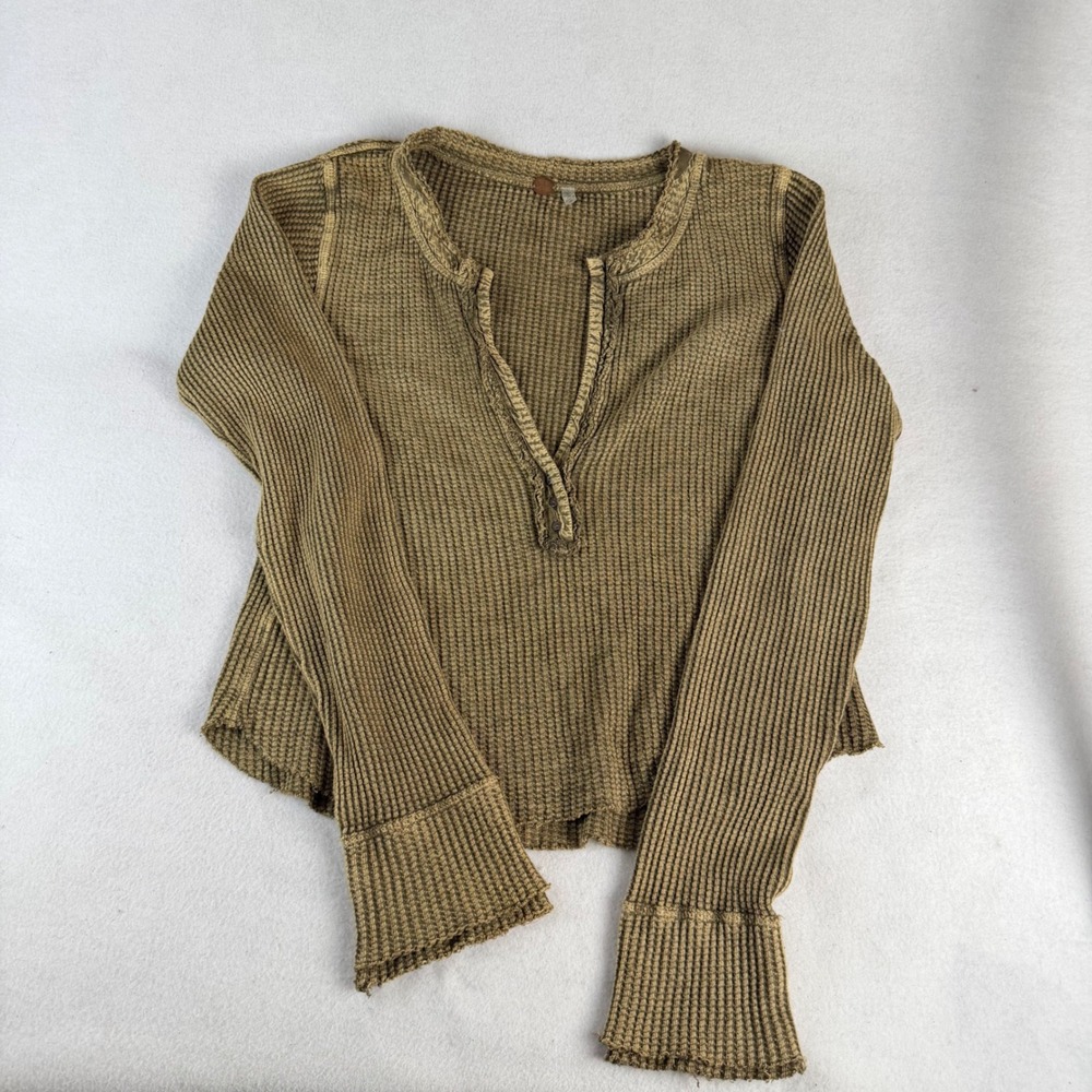 Free People FP One Waffle Knit Henley Thermal Top Olive Brown Boho Large